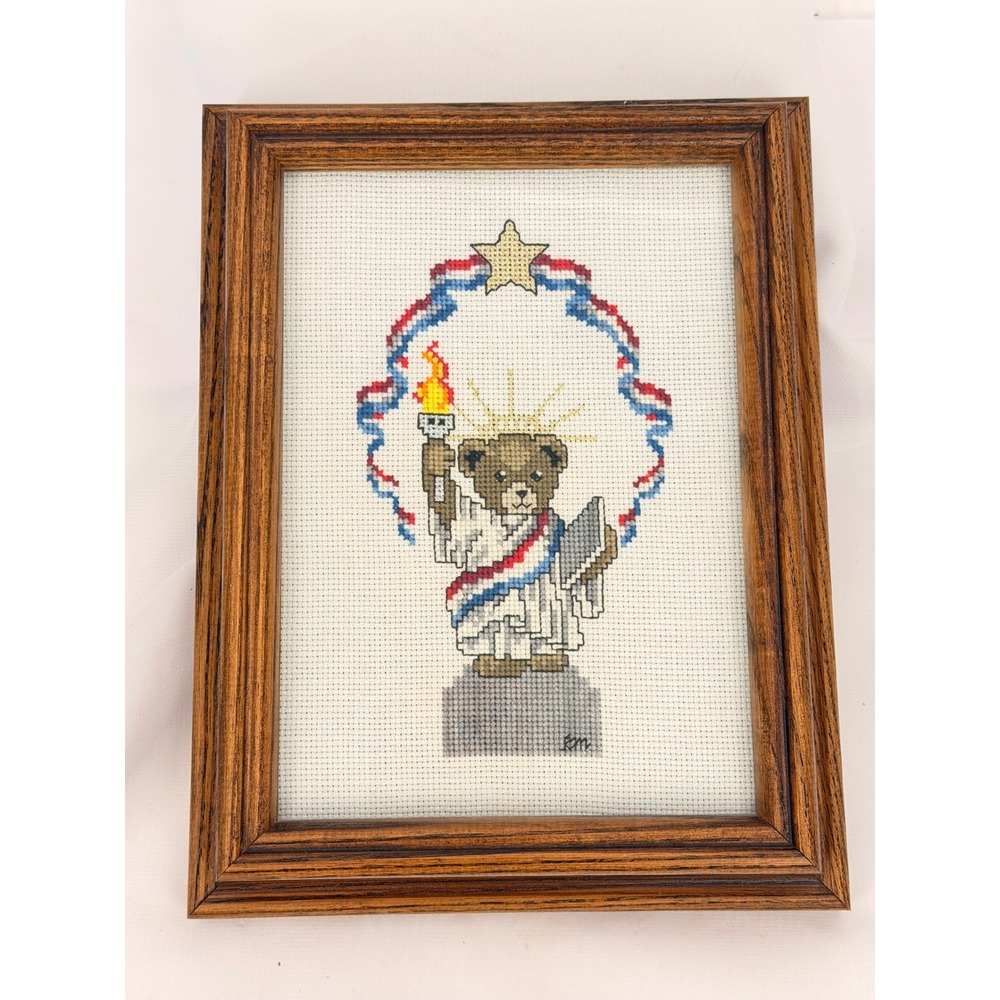 Vintage Statue of Liberty Teddy Bear Cross Stitch Framed Americana Wall Art